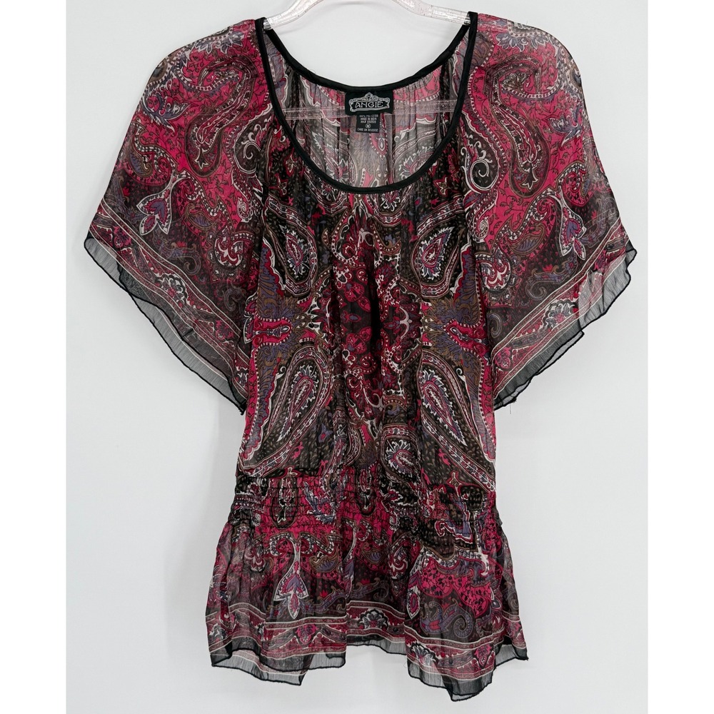 Angie Womens Pink Purple Paisley Sheer Chiffon‎ Smocked Peplum Blouse Sz M
